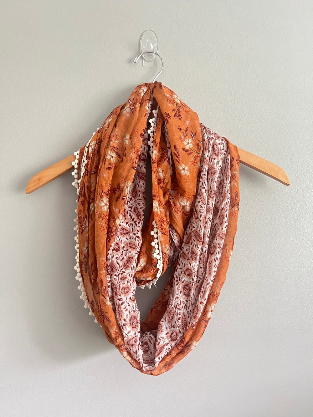 Maurices Floral Infinity Scarf in Rust and Cream with Pom Edge